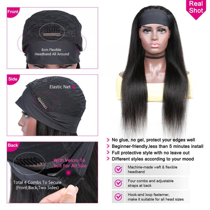 YYONG Straight Headband Wigs Remy Human Hair Wigs None-Lace