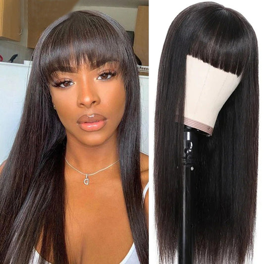 YYONG Straight Hair Wig With Bangs Machine Made Human Hair Wigs No Lace