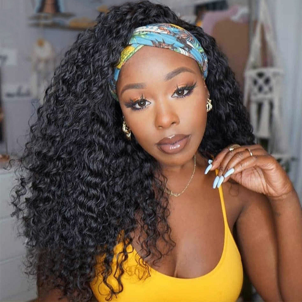 YYONG Deep Wave Headband Wigs Remy Human Hair Wigs None-Lace